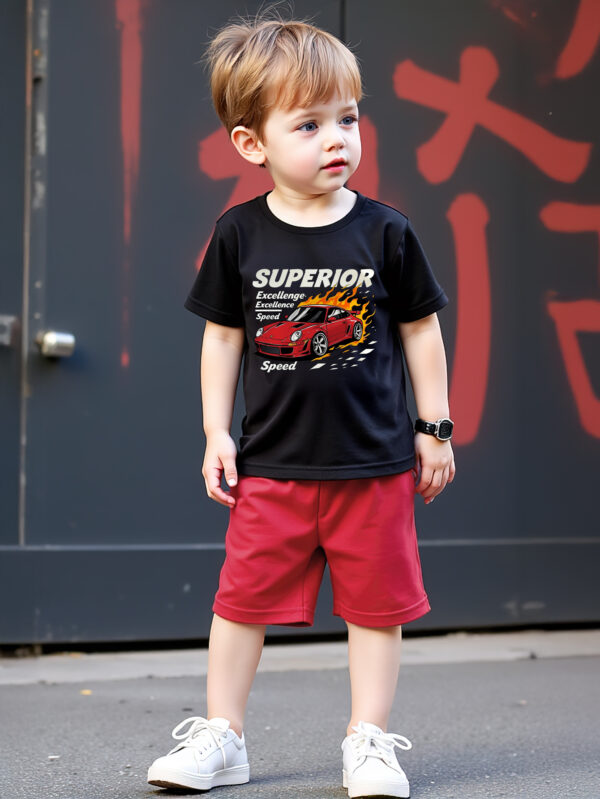Boys&apos; new summer cool car pattern top with classic red shorts - Image 2