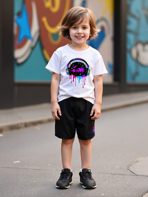 Boys fashion set cool breathable and comfortable summer clothing rock style colorful headphones T-shirt and shorts - Image 2