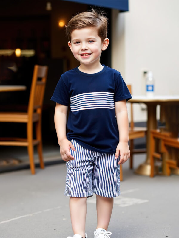 Boys&apos; fashionable short T-shirt suit two-piece summer round neck striped navy style short-sleeved suit - Image 2