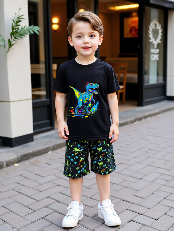 Summer European and American teenagers boys dinosaur positioning splash ink dot pattern round neck T-shirt + printed shorts set - Image 2