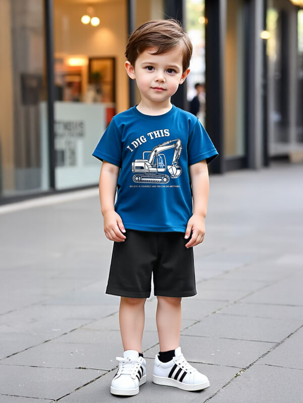 Boys&apos; Summer Short-Sleeved Round Tie Excavator Lettering T-Shirt and Black Shorts Set - Image 2