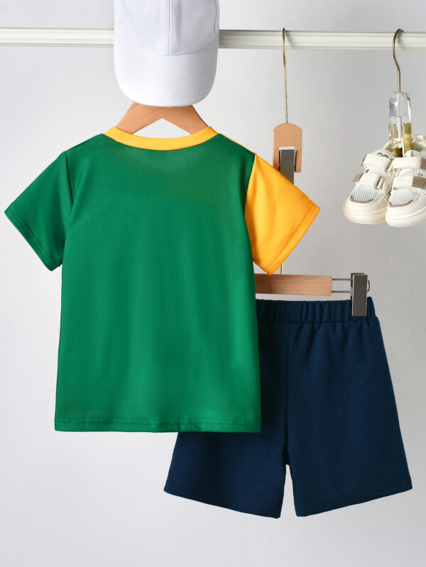 Boys&apos; summer fashion bright color patchwork letter pattern short-sleeved T-shirt and shorts set - Image 2