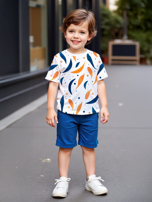 Boys&apos; New Summer Fashion Two-piece Printed Leaves Irregular Pattern Round Neck T-shirt + Shorts Set - Image 2