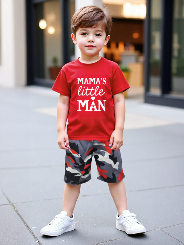 Boys&apos; summer new fashion letter pattern round neck short-sleeved T-shirt and camouflage sports shorts set - Image 2