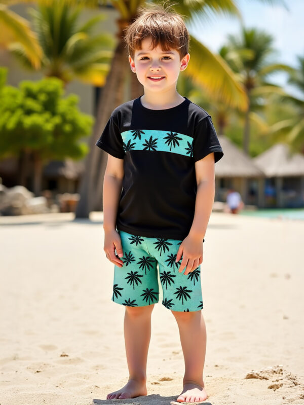 Boys&apos; New Round Neck Black Short Sleeve Blue Striped Palm Tree Positioning Pattern Top Blue Palm Tree Shorts - Image 2