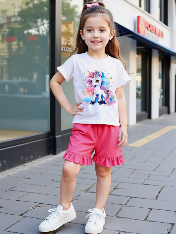 Girls Summer Trend Unicorn Print Pattern Suit Round Neck Short Sleeve + Pink Shorts Suit - Image 2