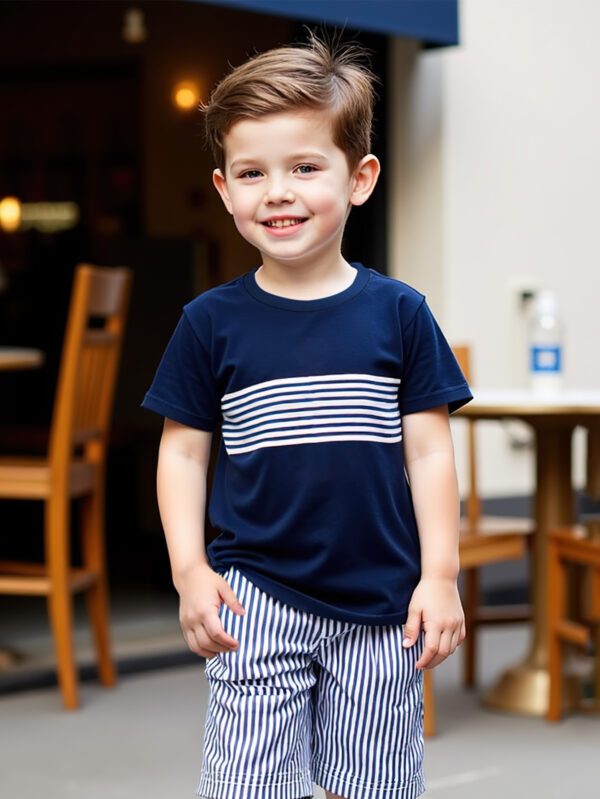 Boys&apos; fashionable short T-shirt suit two-piece summer round neck striped navy style short-sleeved suit - Image 4
