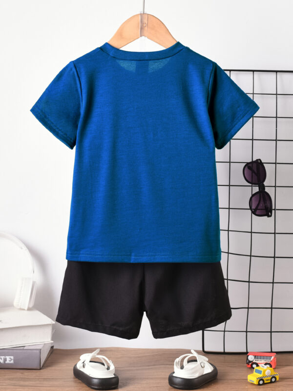 Boys&apos; Summer Short-Sleeved Round Tie Excavator Lettering T-Shirt and Black Shorts Set - Image 5