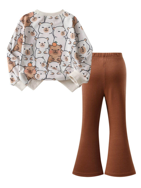 Rose Gold Girls Autumn Outfit Cute Bear Printed Sweater and Flared Pants Two-piece Set - Image 2