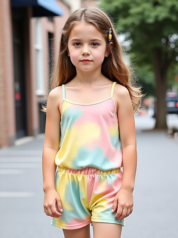 Girls Summer Trend Tie-Dye Contrast Shorts Set Girls Summer Suspenders + Shorts Set - Image 4