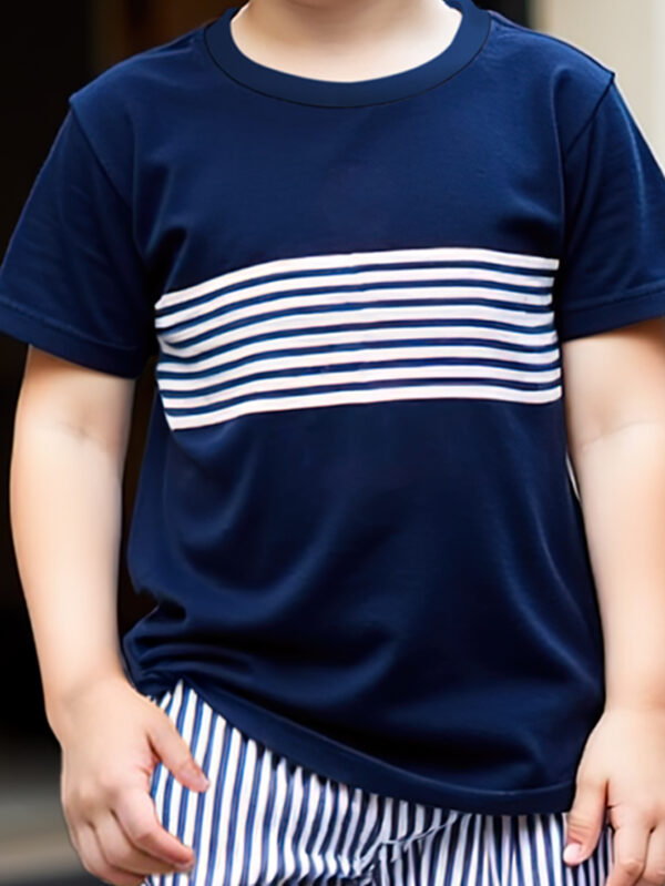 Boys&apos; fashionable short T-shirt suit two-piece summer round neck striped navy style short-sleeved suit - Image 5
