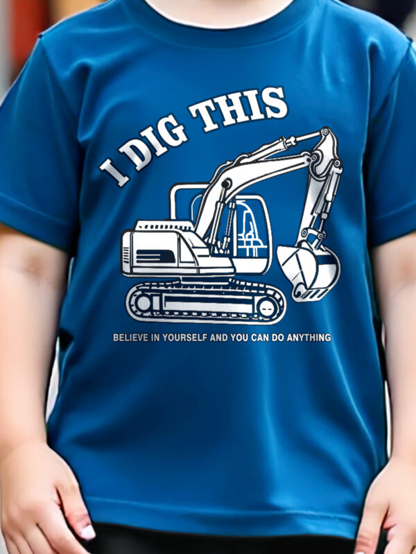 Boys&apos; Summer Short-Sleeved Round Tie Excavator Lettering T-Shirt and Black Shorts Set - Image 4