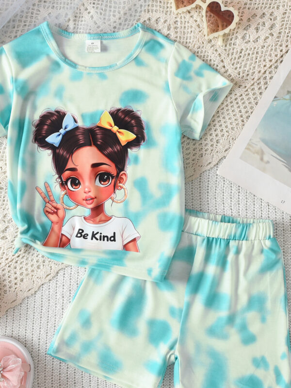 Summer Girls Cartoon Avatar Pattern Outdoor Sports Tie-Dye Round Neck Short Sleeve + Tie-Dye Shorts Casual Suit - Image 5
