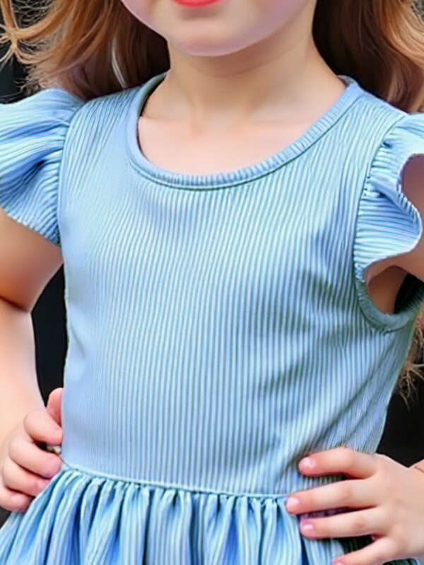 Girls summer vertical striped dress Girls small flying sleeve waist ruffled dress with flower pattern hem - Image 4