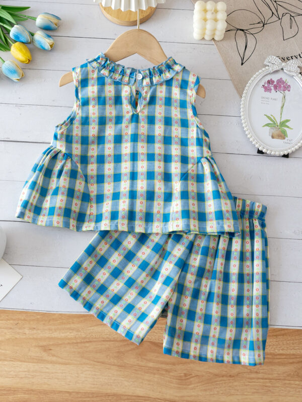 Summer Girls Plaid Striped Round Neck Sleeveless Top + Shorts Set - Image 2