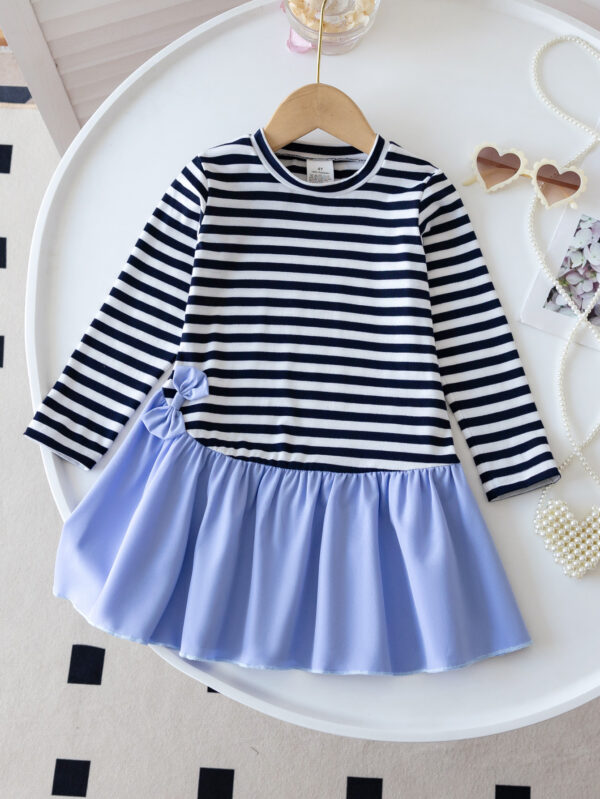 Girls Autumn Trendy Round Neck Long Sleeve Overall Stripe Design Spliced Woven Fabric Skirt Hem Half Dress - Image 2