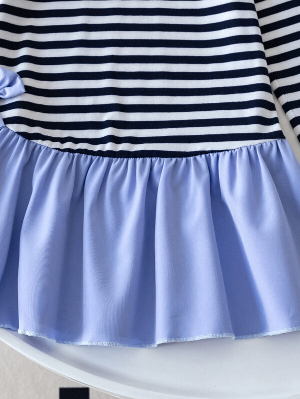 Girls Autumn Trendy Round Neck Long Sleeve Overall Stripe Design Spliced Woven Fabric Skirt Hem Half Dress - Image 7