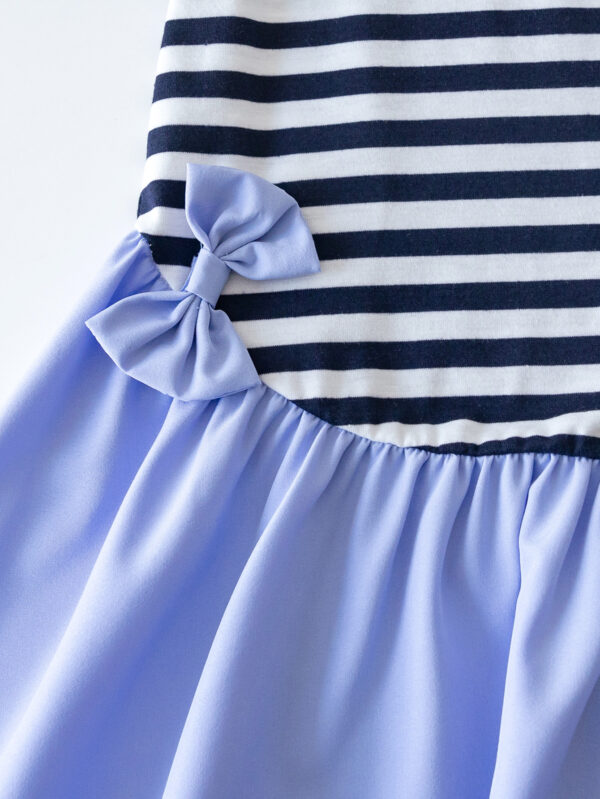 Girls Autumn Trendy Round Neck Long Sleeve Overall Stripe Design Spliced Woven Fabric Skirt Hem Half Dress - Image 6
