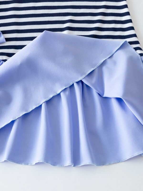 Girls Autumn Trendy Round Neck Long Sleeve Overall Stripe Design Spliced Woven Fabric Skirt Hem Half Dress - Image 8