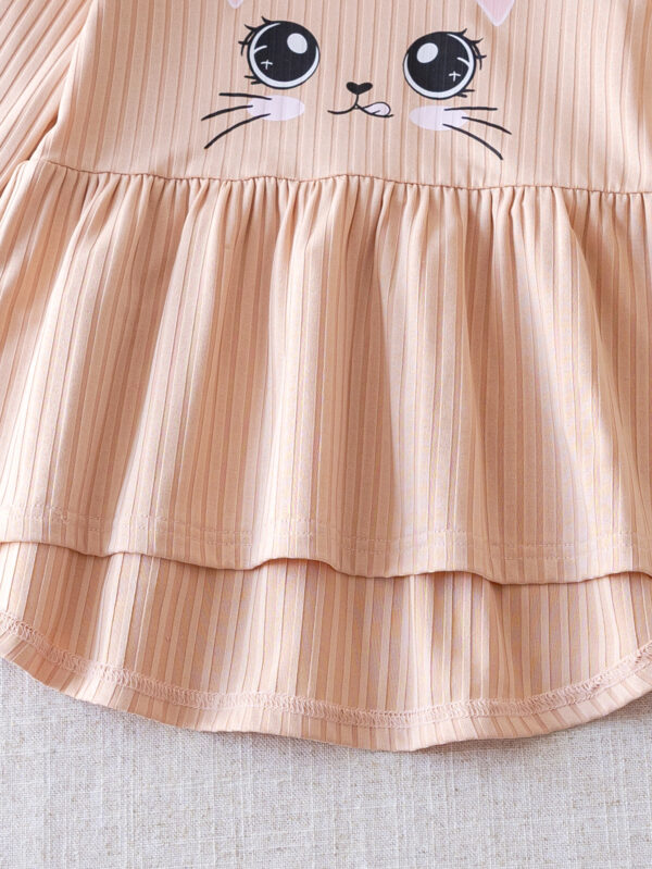 Girls autumn trend round neck shoulder with ruffles decoration with vertical stripes texture long sleeve style top + with trousers with cat pattern tight pants set - Image 7