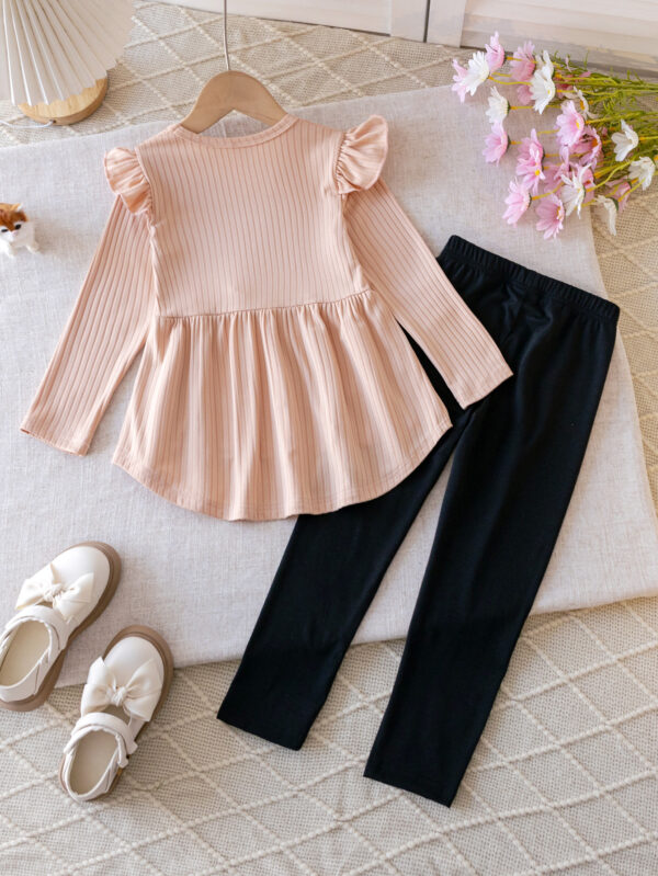 Girls autumn trend round neck shoulder with ruffles decoration with vertical stripes texture long sleeve style top + with trousers with cat pattern tight pants set - Image 2