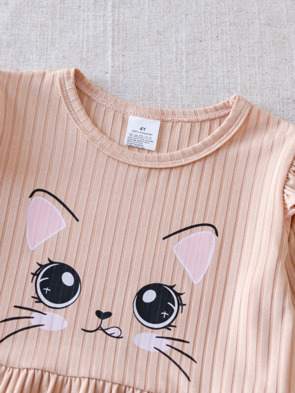 Girls autumn trend round neck shoulder with ruffles decoration with vertical stripes texture long sleeve style top + with trousers with cat pattern tight pants set - Image 3