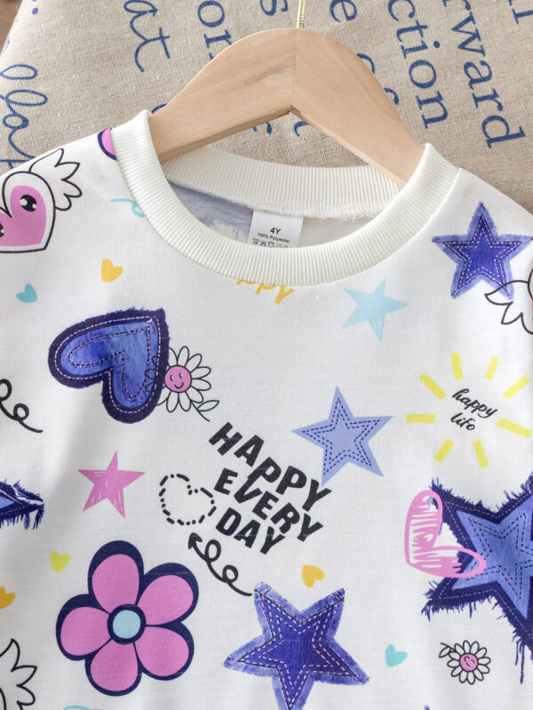 Girls Autumn Cartoon Print Dress Long Sleeve Sweater Dress Autumn Trend Flower Star Love Pattern Splicing - Image 3