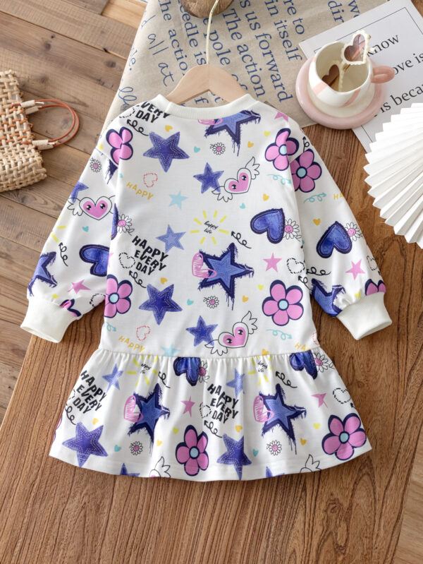 Girls Autumn Cartoon Print Dress Long Sleeve Sweater Dress Autumn Trend Flower Star Love Pattern Splicing - Image 2