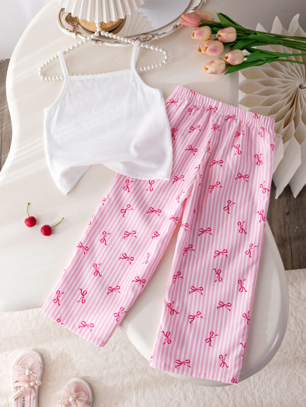 New girls holiday style spaghetti strap camisole top with cherry print pattern + trousers set two-piece set - Image 2