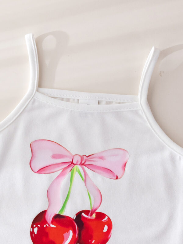 New girls holiday style spaghetti strap camisole top with cherry print pattern + trousers set two-piece set - Image 3