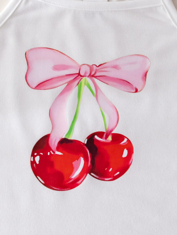 New girls holiday style spaghetti strap camisole top with cherry print pattern + trousers set two-piece set - Image 4