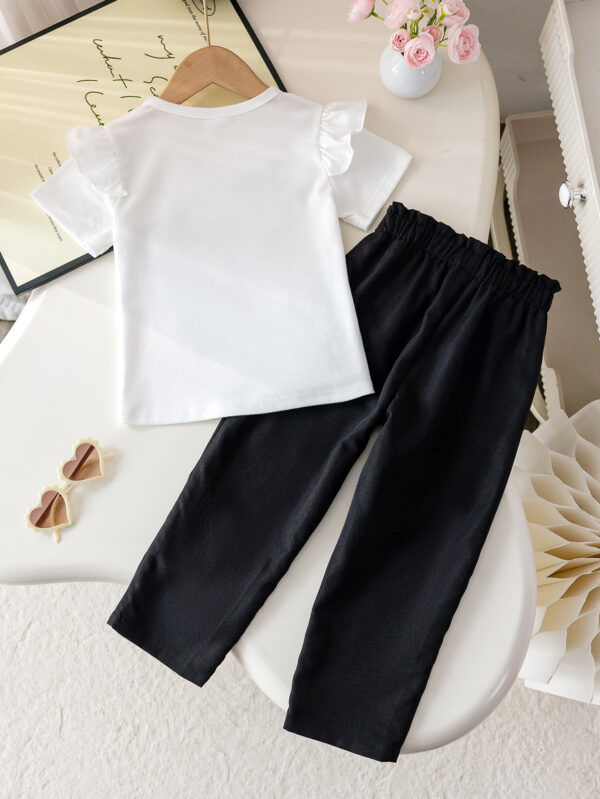 Girls autumn trendy round neck long sleeve shoulder with ruffles decorative sweater + black trousers set - Image 2
