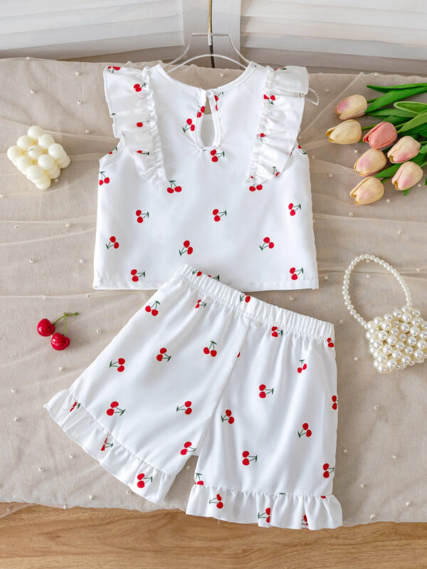 Girls Summer Fashion Sleeveless Ruffle Cuffs Cherry Pattern Printed Sleeveless Top + Hemmed Shorts Set - Image 2