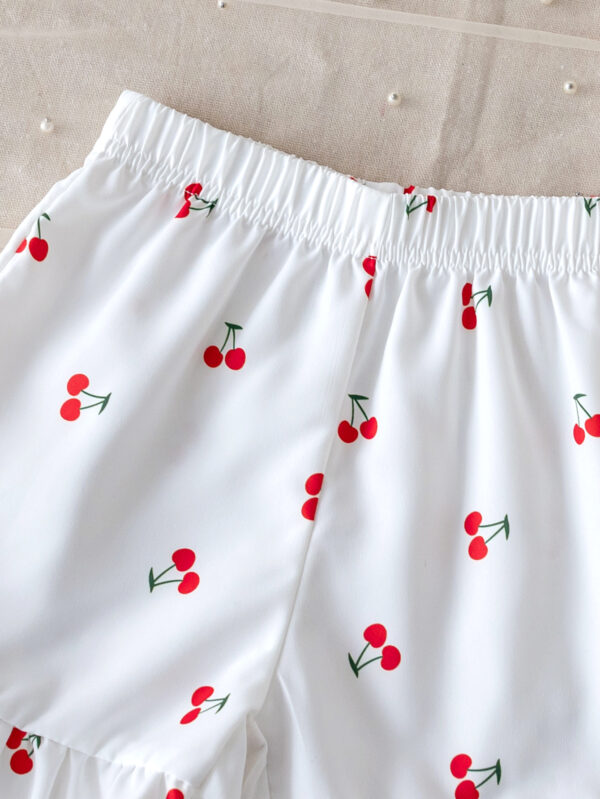 Girls Summer Fashion Sleeveless Ruffle Cuffs Cherry Pattern Printed Sleeveless Top + Hemmed Shorts Set - Image 7