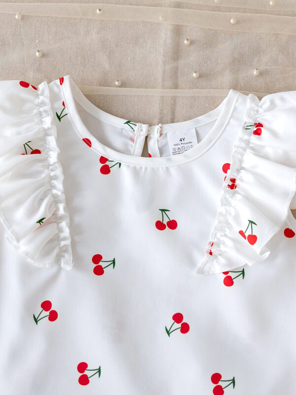 Girls Summer Fashion Sleeveless Ruffle Cuffs Cherry Pattern Printed Sleeveless Top + Hemmed Shorts Set - Image 3