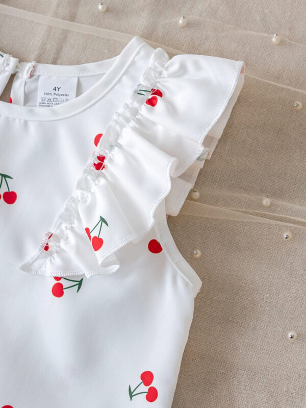 Girls Summer Fashion Sleeveless Ruffle Cuffs Cherry Pattern Printed Sleeveless Top + Hemmed Shorts Set - Image 4