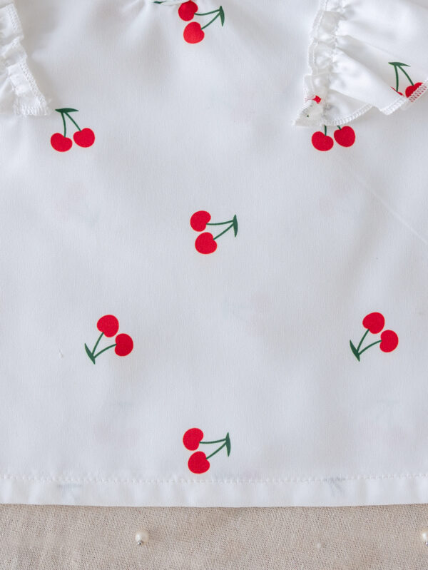 Girls Summer Fashion Sleeveless Ruffle Cuffs Cherry Pattern Printed Sleeveless Top + Hemmed Shorts Set - Image 5