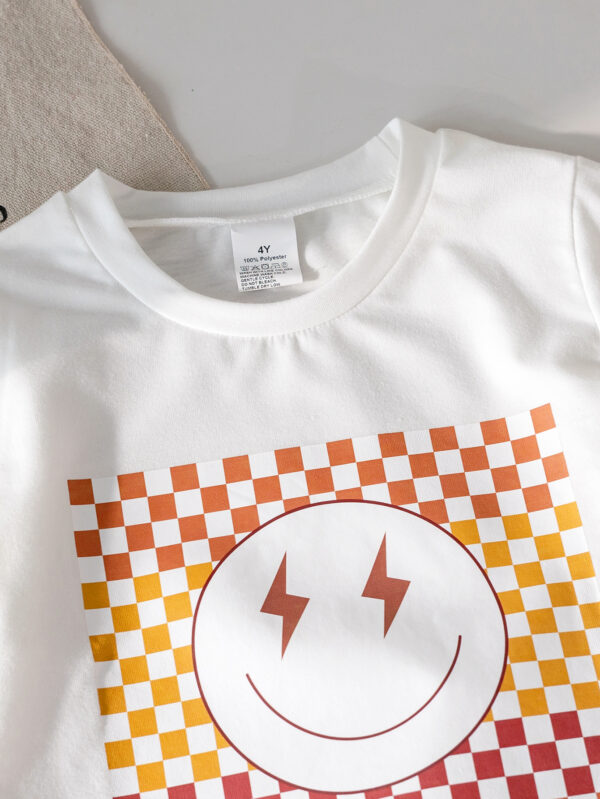 New boys summer fashion simple plaid smiley face element pattern round neck T-shirt trendy shorts suit - Image 3