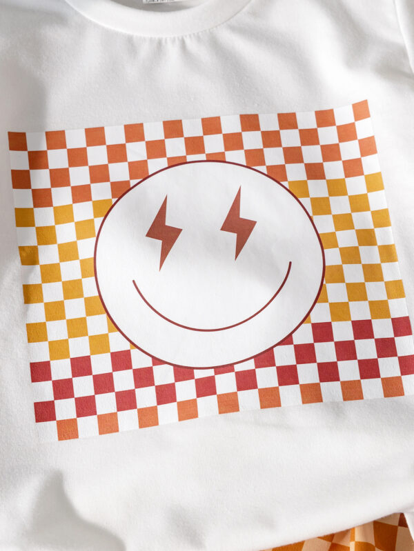 New boys summer fashion simple plaid smiley face element pattern round neck T-shirt trendy shorts suit - Image 4