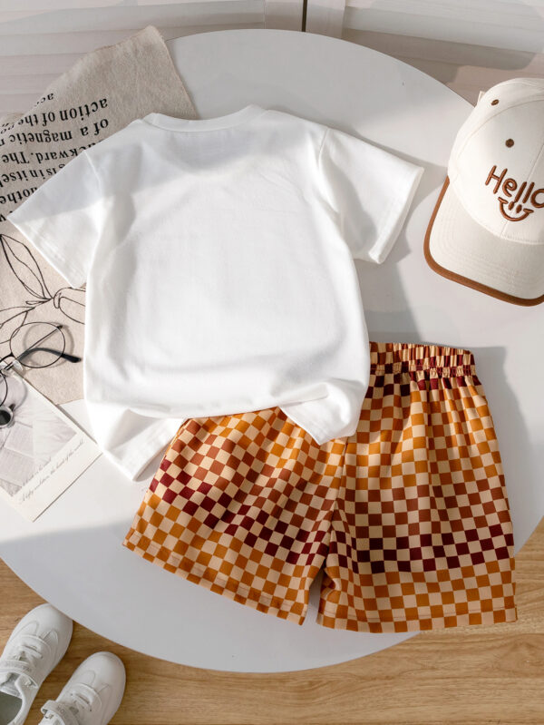 New boys summer fashion simple plaid smiley face element pattern round neck T-shirt trendy shorts suit - Image 2
