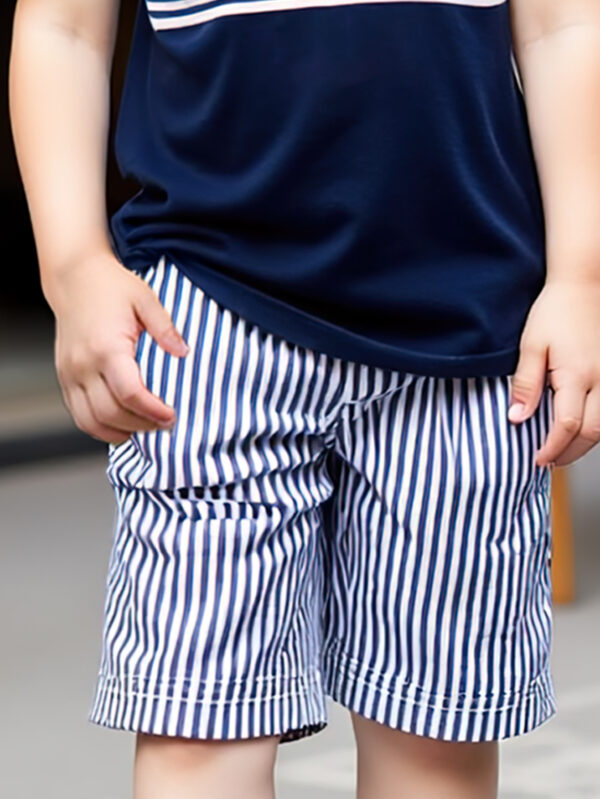 Boys&apos; fashionable short T-shirt suit two-piece summer round neck striped navy style short-sleeved suit - Image 6