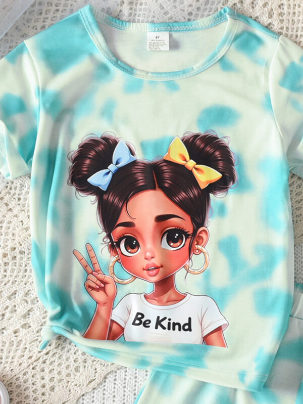 Summer Girls Cartoon Avatar Pattern Outdoor Sports Tie-Dye Round Neck Short Sleeve + Tie-Dye Shorts Casual Suit - Image 6