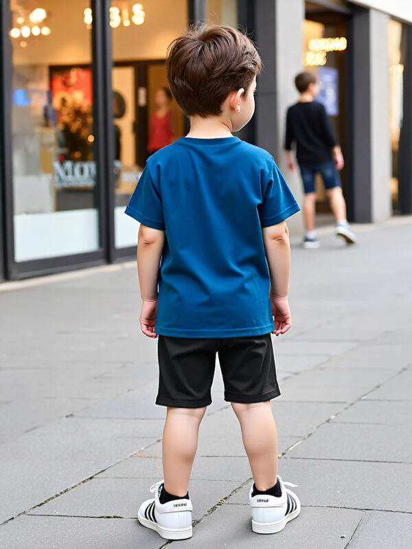 Boys&apos; Summer Short-Sleeved Round Tie Excavator Lettering T-Shirt and Black Shorts Set - Image 3