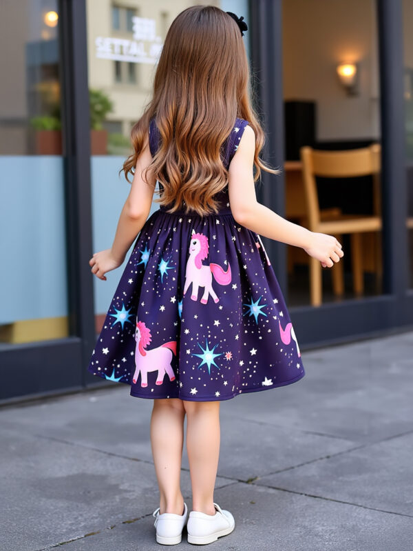 Girls Summer Trend Sleeveless Crystal Button Casual Unicorn Pattern Random Star Polka Dot Dress - Image 2