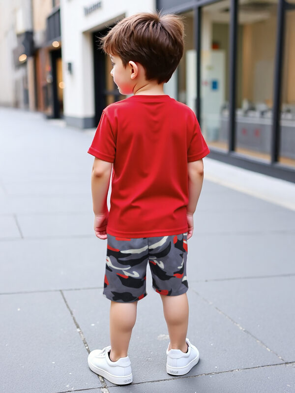 Boys&apos; summer new fashion letter pattern round neck short-sleeved T-shirt and camouflage sports shorts set - Image 3