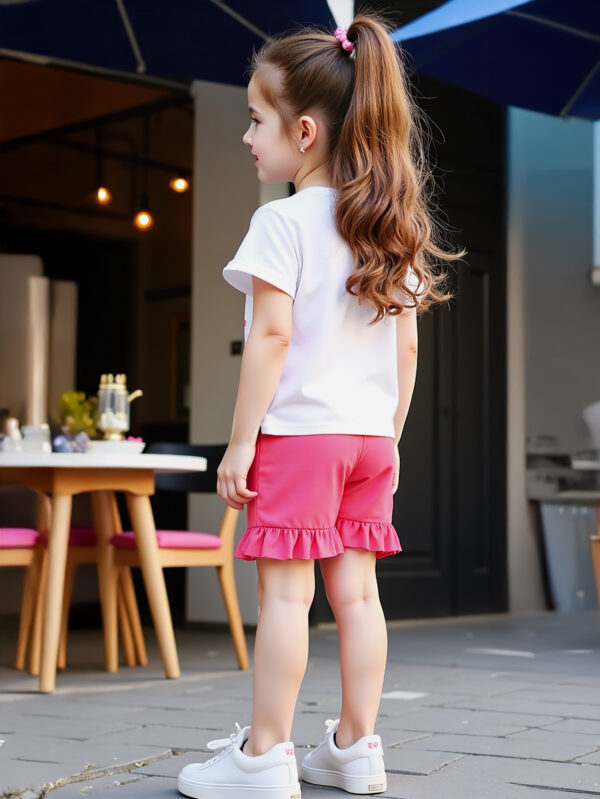 Girls Summer Trend Unicorn Print Pattern Suit Round Neck Short Sleeve + Pink Shorts Suit - Image 3