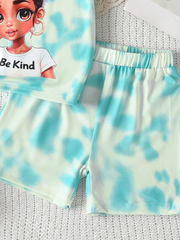 Summer Girls Cartoon Avatar Pattern Outdoor Sports Tie-Dye Round Neck Short Sleeve + Tie-Dye Shorts Casual Suit - Image 7