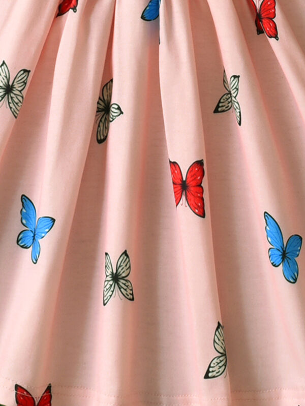 Summer girls pure pink butterfly pattern knitted casual dress sleeveless waist butterfly print pattern - Image 4