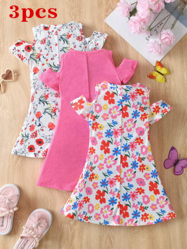 Girls summer fashion 3pcs three-piece casual dress pattern print off-shoulder short-sleeved dress waist - Image 2