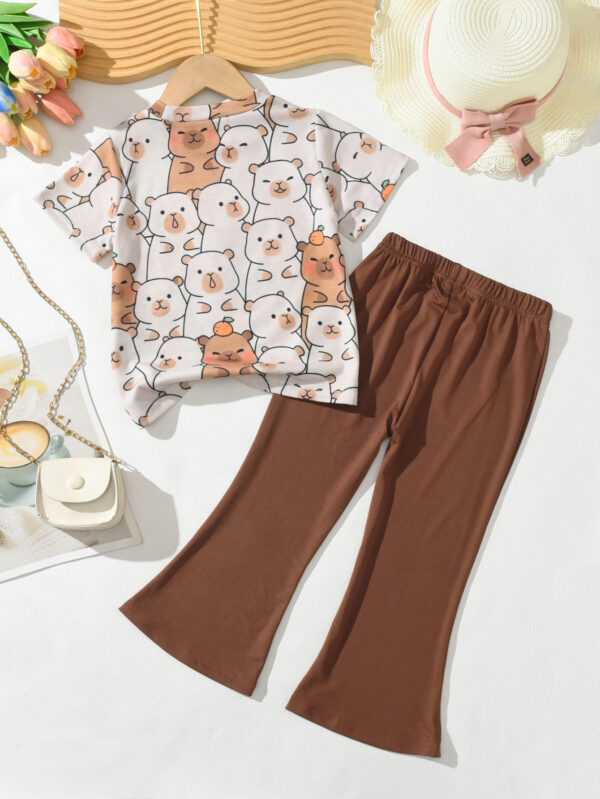 Girls Summer Fashion Capibara Cartoon Pattern T-shirt + Flared Pants Set - Image 2
